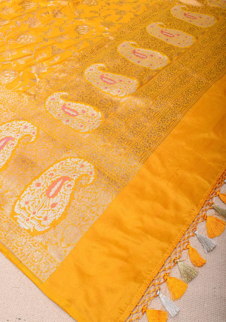 Yellow Banarasi Katan Silk Saree with Large Paisley Motifs and Floral Border  | SILK MARK CERTIFIED