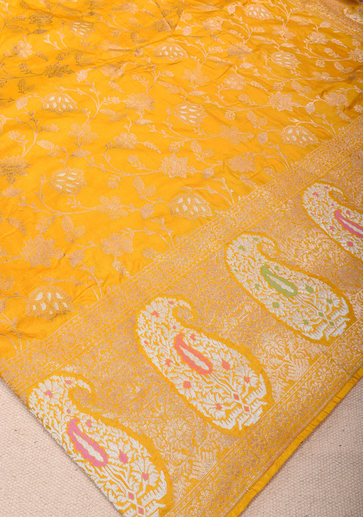 Yellow Banarasi Katan Silk Saree with Large Paisley Motifs and Floral Border  | SILK MARK CERTIFIED