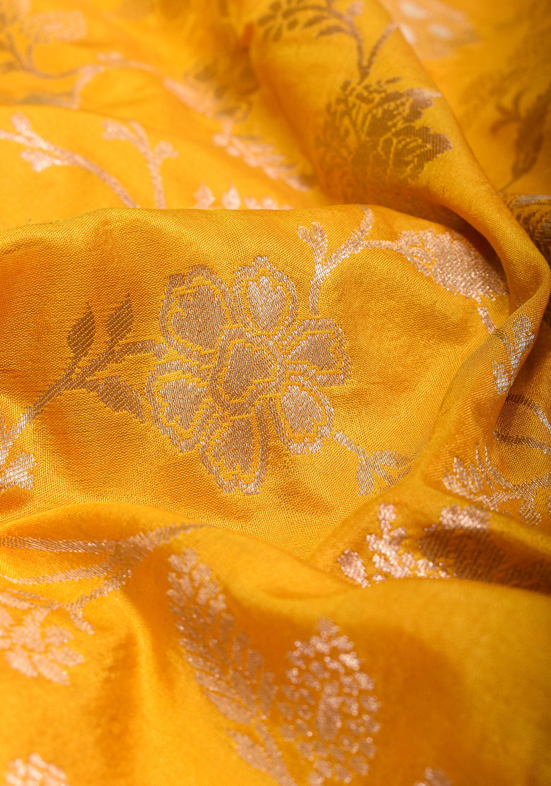 Yellow Banarasi Katan Silk Saree with Large Paisley Motifs and Floral Border  | SILK MARK CERTIFIED