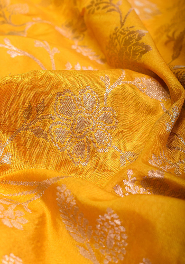 Yellow Banarasi Katan Silk Saree with Large Paisley Motifs and Floral Border  | SILK MARK CERTIFIED