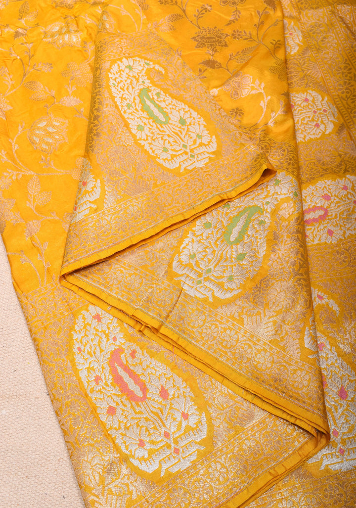 Yellow Banarasi Katan Silk Saree with Large Paisley Motifs and Floral Border  | SILK MARK CERTIFIED