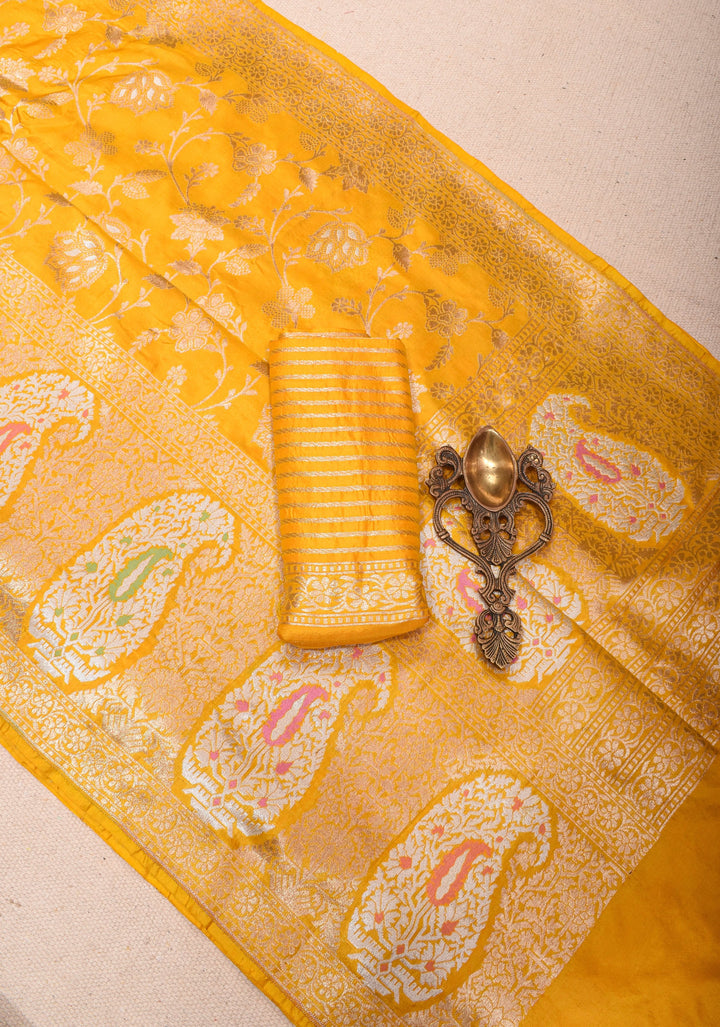 Yellow Banarasi Katan Silk Saree with Large Paisley Motifs and Floral Border  | SILK MARK CERTIFIED