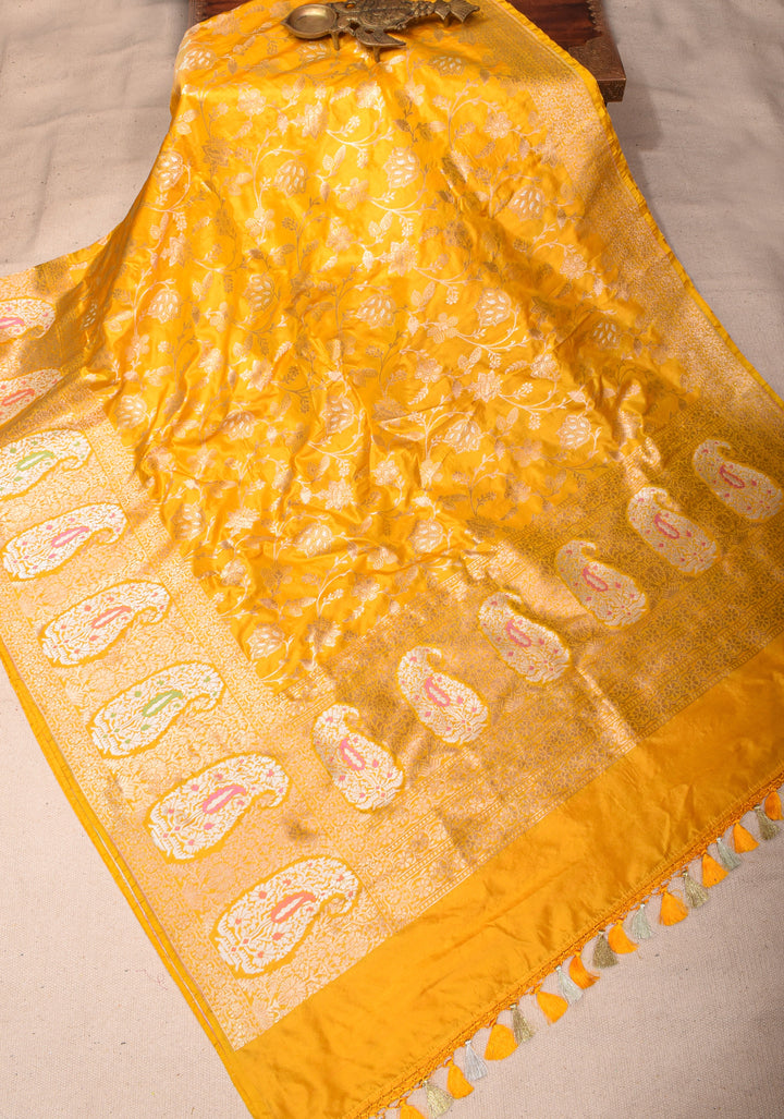 Yellow Banarasi Katan Silk Saree with Large Paisley Motifs and Floral Border  | SILK MARK CERTIFIED