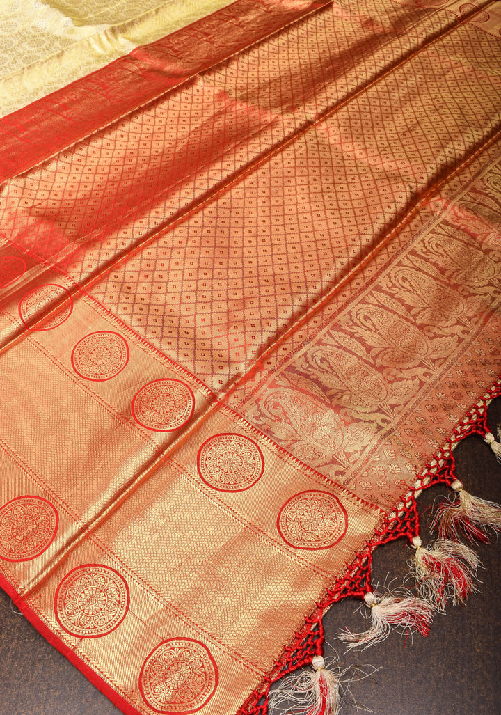 Ivory Pure Kanjivaram Silk Tissue Saree with Floral Brocade and Red Contrast Pallu | SILK MARK CERTIFIED