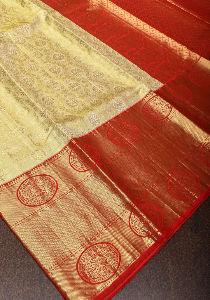Ivory Pure Kanjivaram Silk Tissue Saree with Floral Brocade and Red Contrast Pallu | SILK MARK CERTIFIED