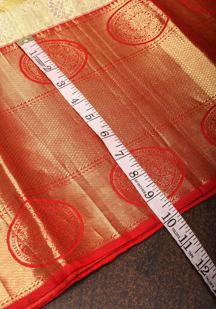Ivory Pure Kanjivaram Silk Tissue Saree with Floral Brocade and Red Contrast Pallu | SILK MARK CERTIFIED
