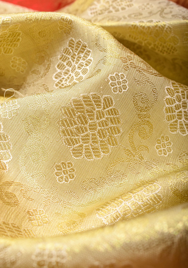 Ivory Pure Kanjivaram Silk Tissue Saree with Floral Brocade and Red Contrast Pallu | SILK MARK CERTIFIED