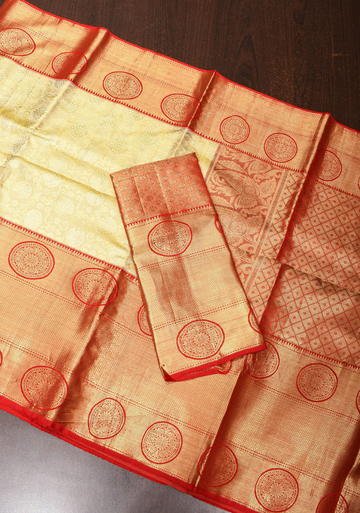 Ivory Pure Kanjivaram Silk Tissue Saree with Floral Brocade and Red Contrast Pallu | SILK MARK CERTIFIED