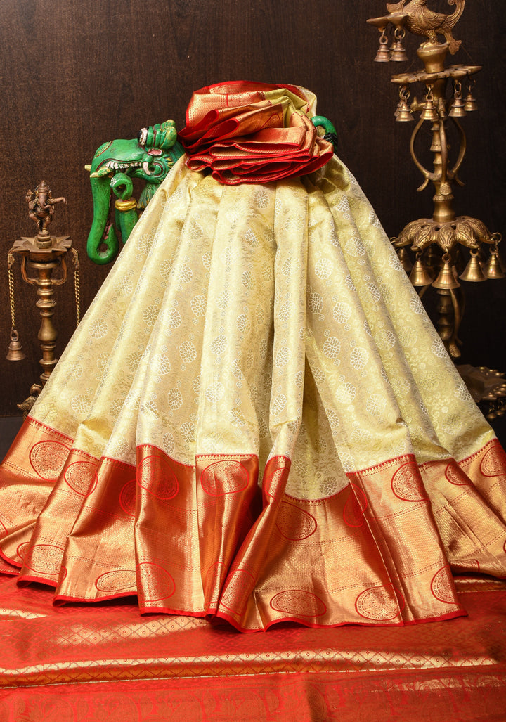 Ivory Pure Kanjivaram Silk Tissue Saree with Floral Brocade and Red Contrast Pallu | SILK MARK CERTIFIED