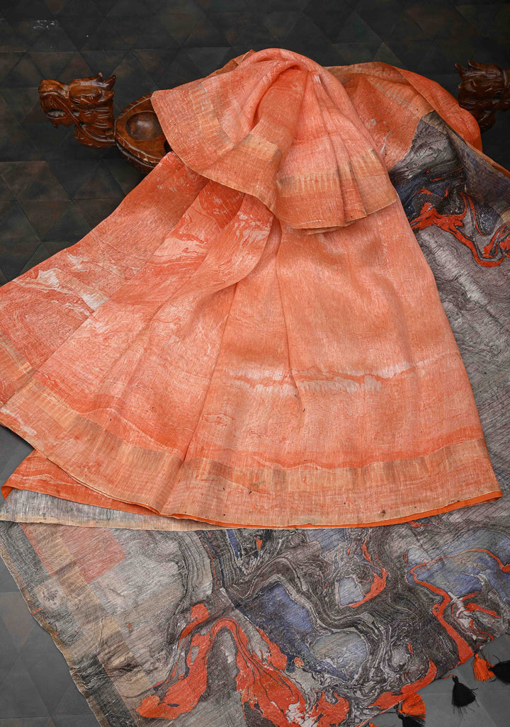 Orange Silk Linen Saree with Marble Digital Print and Muted Zari Borders