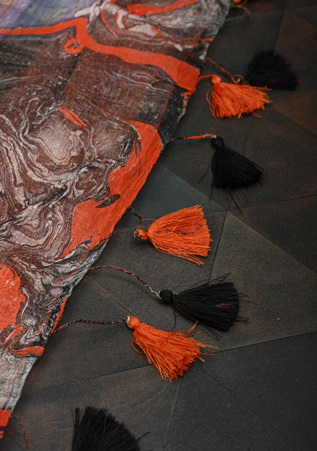 Orange Silk Linen Saree with Marble Digital Print and Muted Zari Borders