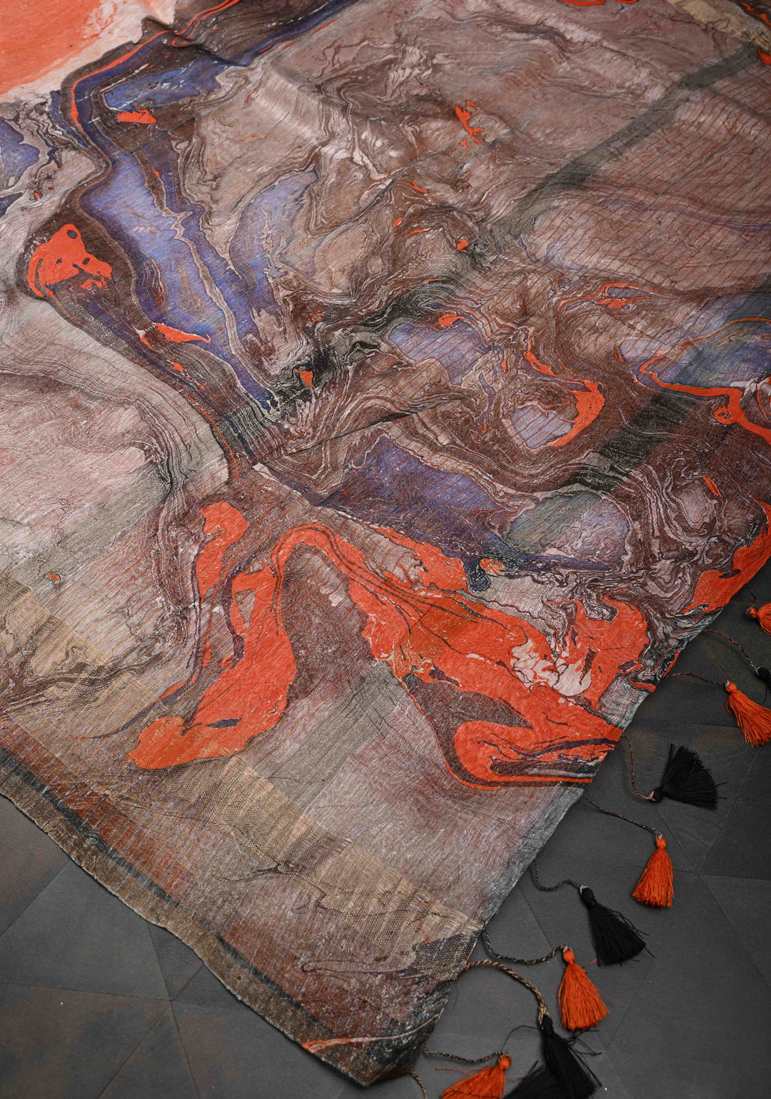 Orange Silk Linen Saree with Marble Digital Print and Muted Zari Borders