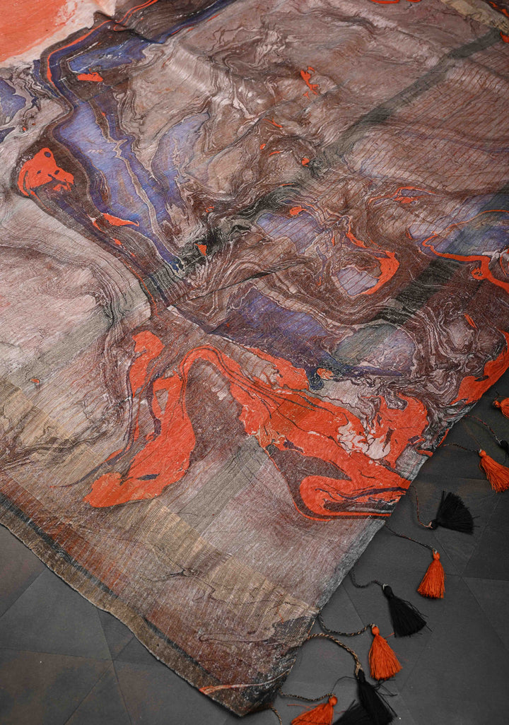 Orange Silk Linen Saree with Marble Digital Print and Muted Zari Borders