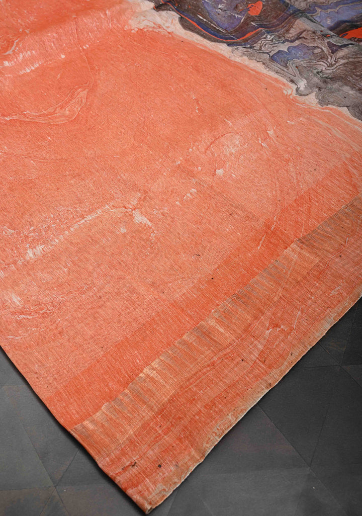 Orange Silk Linen Saree with Marble Digital Print and Muted Zari Borders