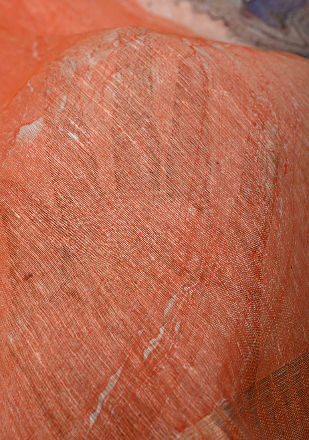 Orange Silk Linen Saree with Marble Digital Print and Muted Zari Borders