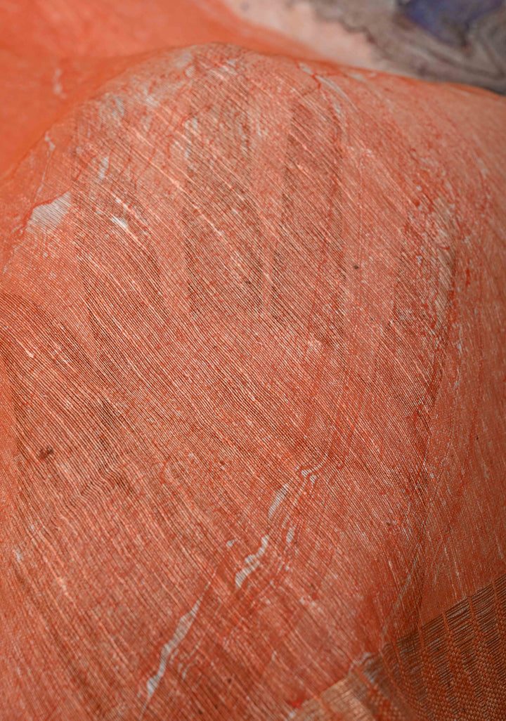 Orange Silk Linen Saree with Marble Digital Print and Muted Zari Borders