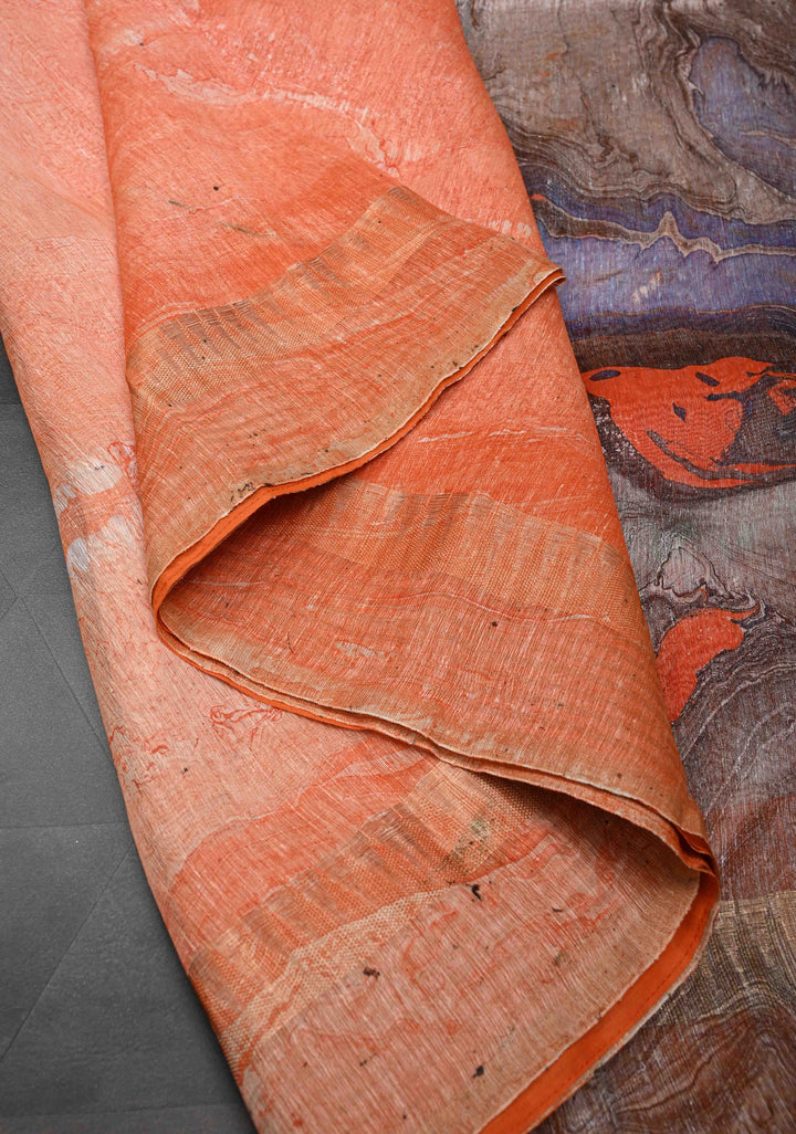 Orange Silk Linen Saree with Marble Digital Print and Muted Zari Borders