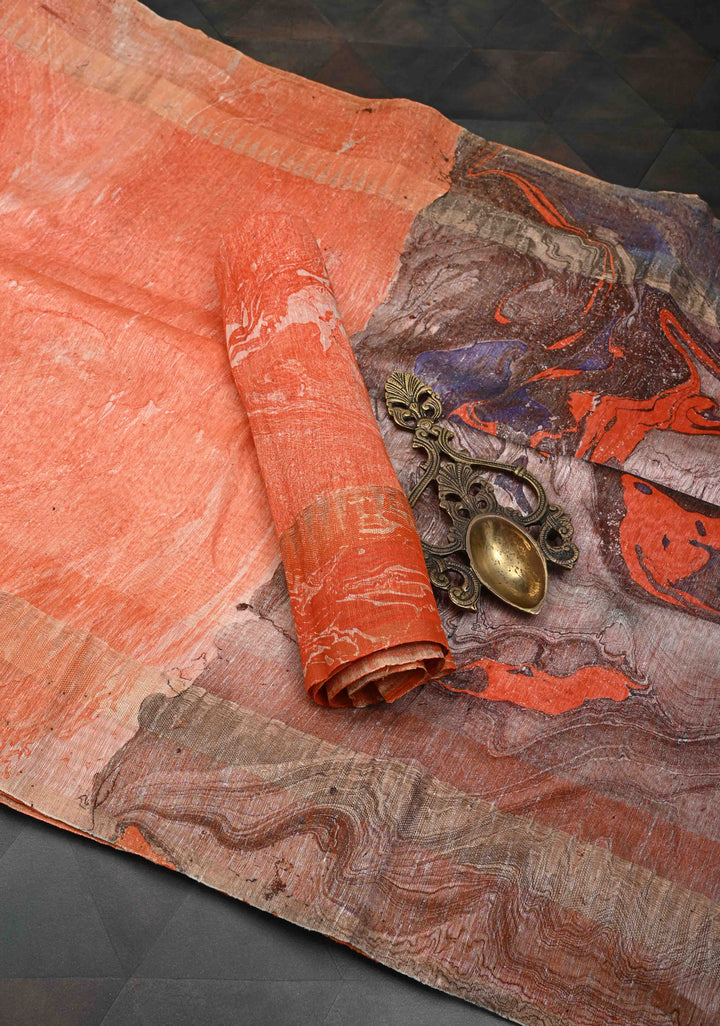 Orange Silk Linen Saree with Marble Digital Print and Muted Zari Borders