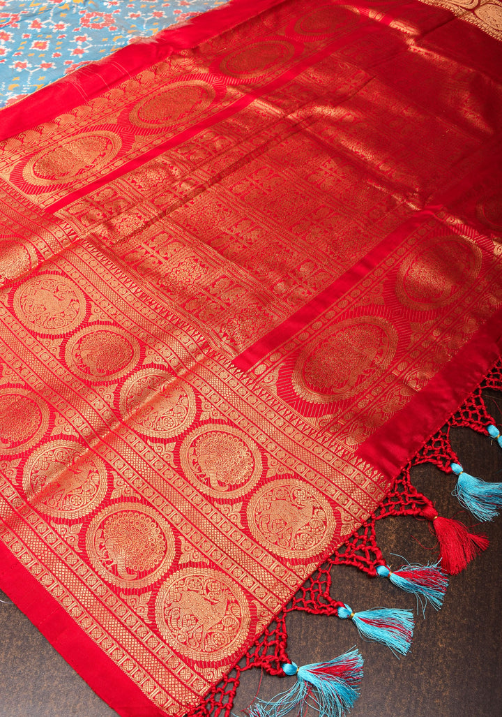 Light Blue Ikkat Patola Kanjivaram Pure Fusion Silk Saree and Contrast Red Border No Blouse Piece I SILK MARK CERTIFIED