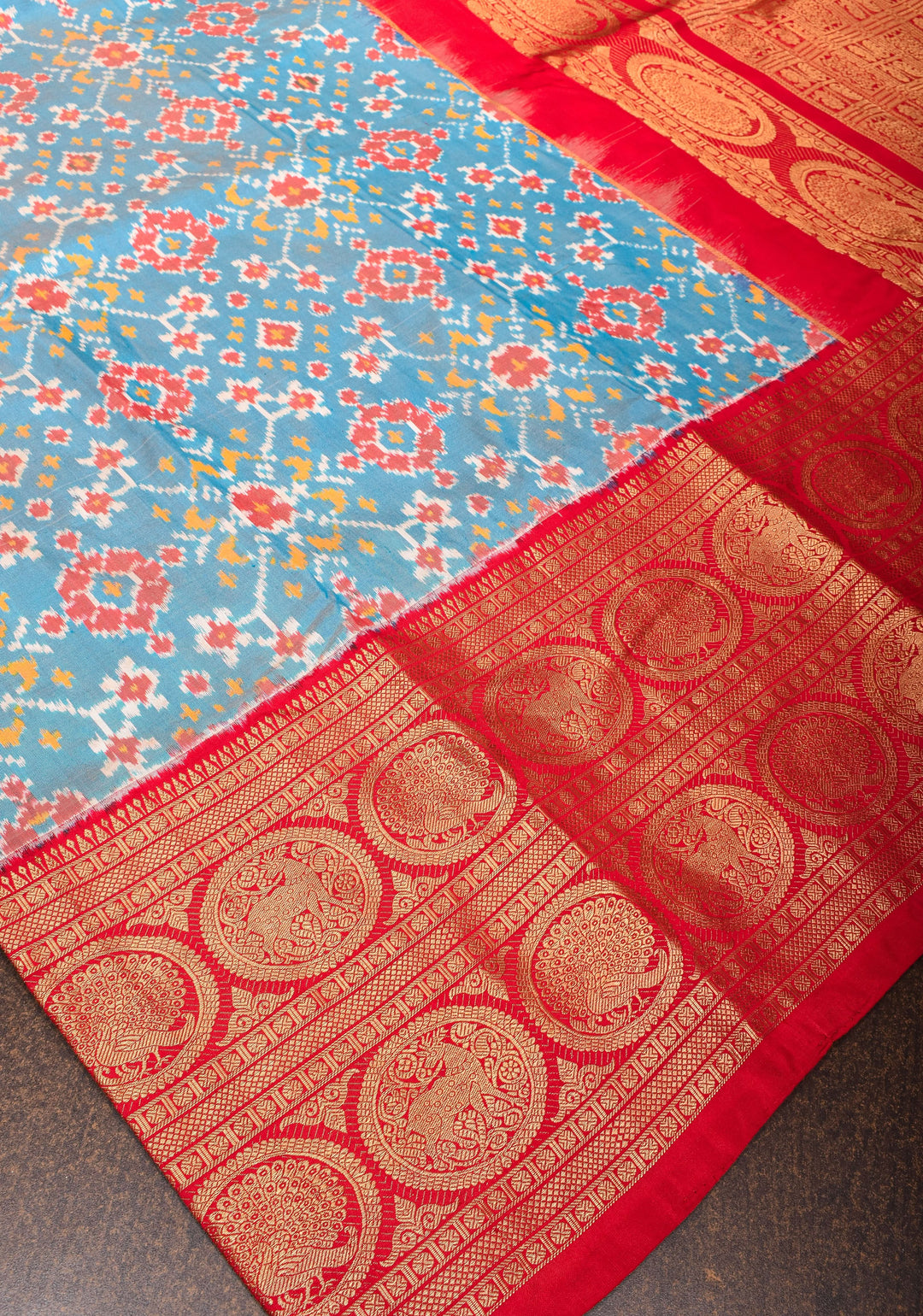 Light Blue Ikkat Patola Kanjivaram Pure Fusion Silk Saree and Contrast Red Border No Blouse Piece I SILK MARK CERTIFIED
