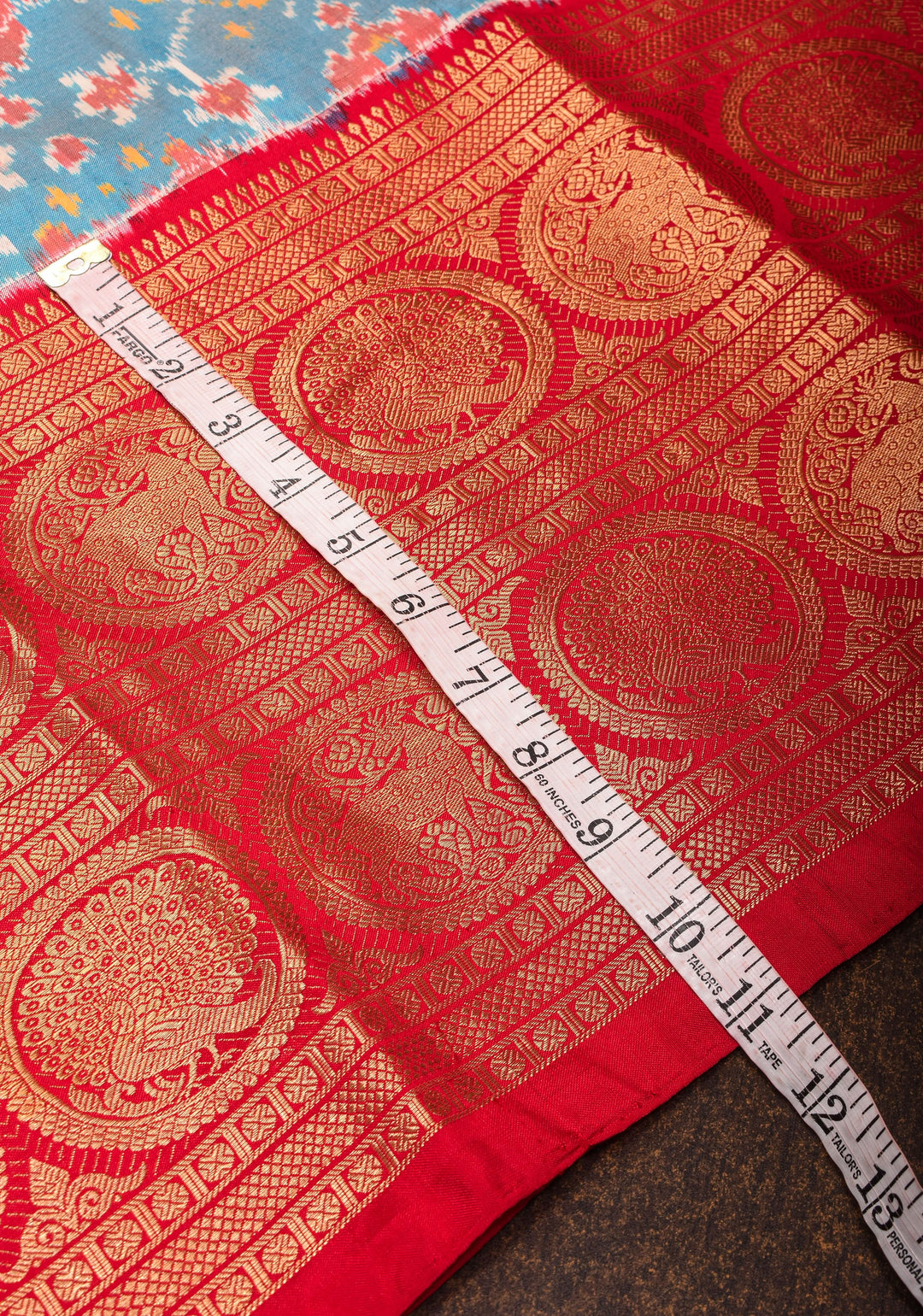 Light Blue Ikkat Patola Kanjivaram Pure Fusion Silk Saree and Contrast Red Border No Blouse Piece I SILK MARK CERTIFIED