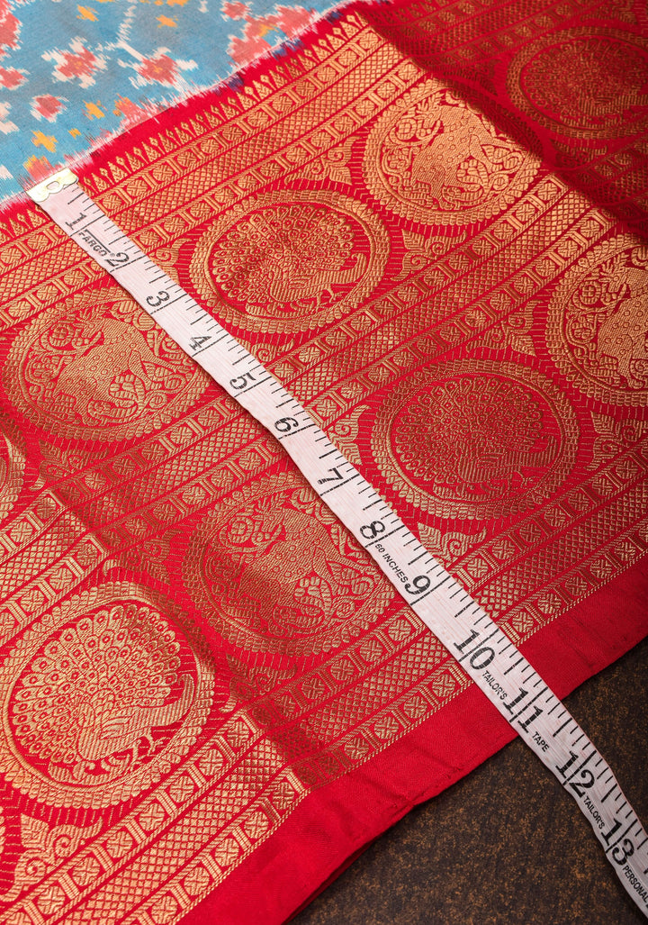 Light Blue Ikkat Patola Kanjivaram Pure Fusion Silk Saree and Contrast Red Border No Blouse Piece I SILK MARK CERTIFIED