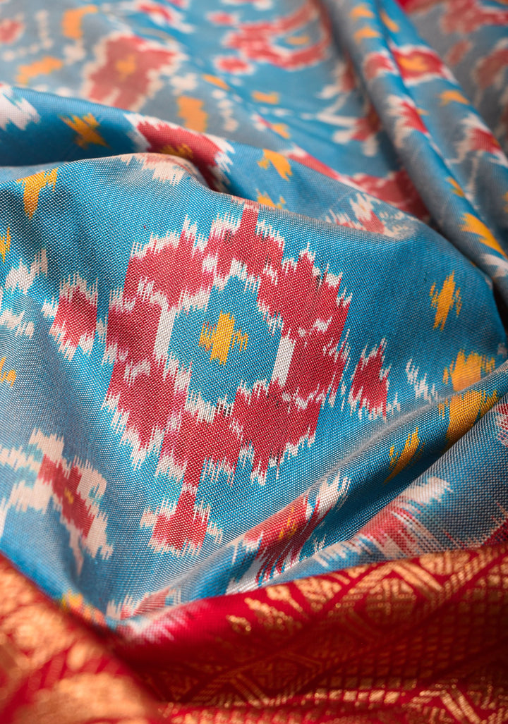 Light Blue Ikkat Patola Kanjivaram Pure Fusion Silk Saree and Contrast Red Border No Blouse Piece I SILK MARK CERTIFIED