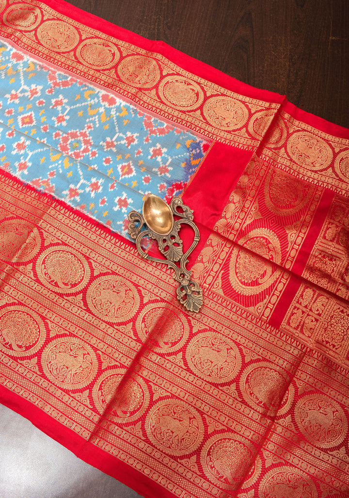 Light Blue Ikkat Patola Kanjivaram Pure Fusion Silk Saree and Contrast Red Border No Blouse Piece I SILK MARK CERTIFIED