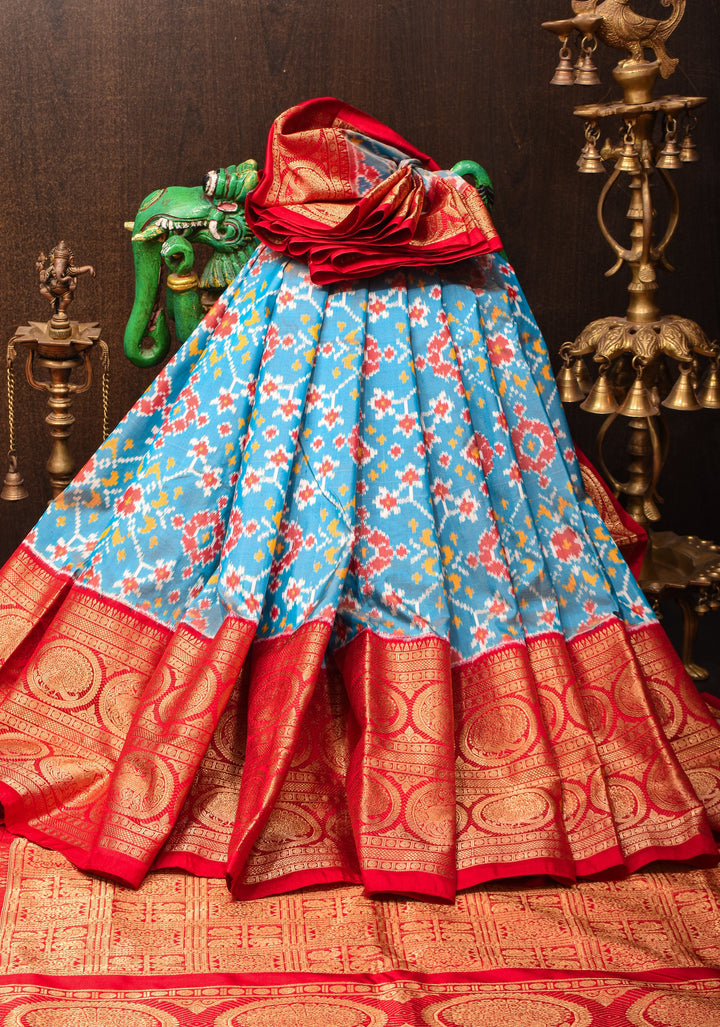 Light Blue Ikkat Patola Kanjivaram Pure Fusion Silk Saree and Contrast Red Border No Blouse Piece I SILK MARK CERTIFIED