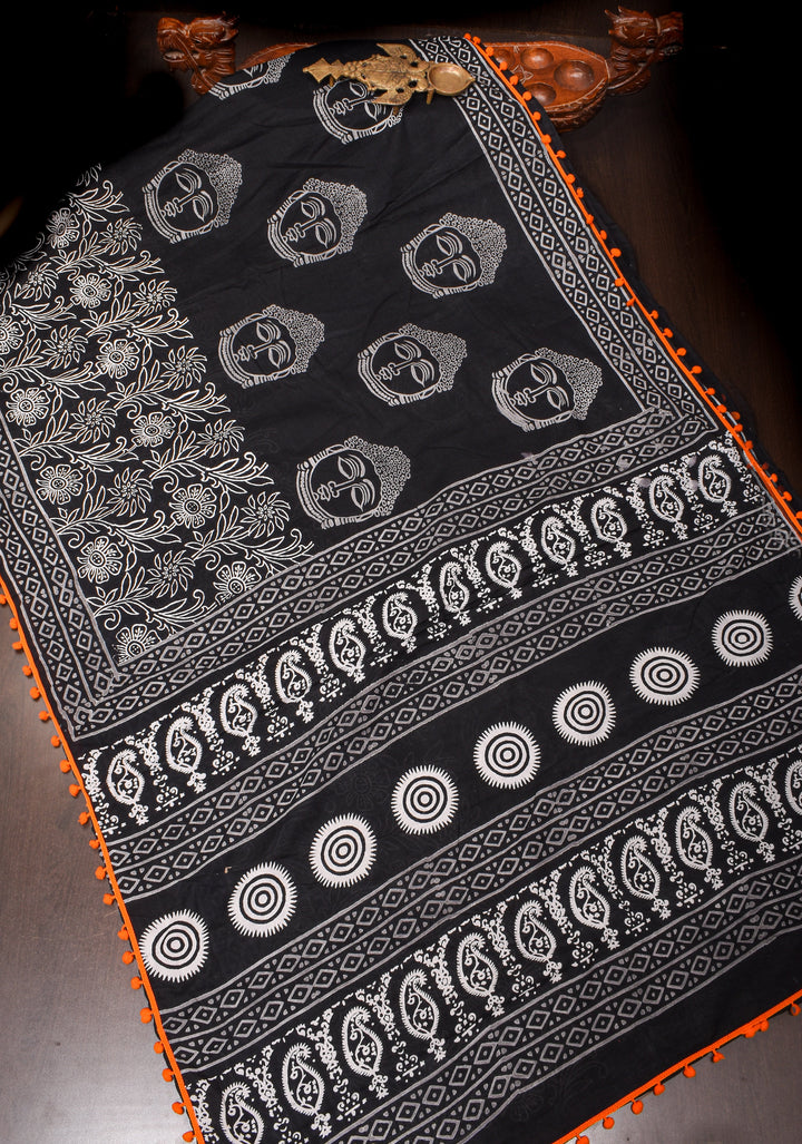 Sanganeri Hand block Printed Mul Cotton Saree in Black with Orange