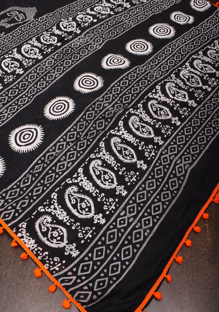 Sanganeri Hand block Printed Mul Cotton Saree in Black with Orange