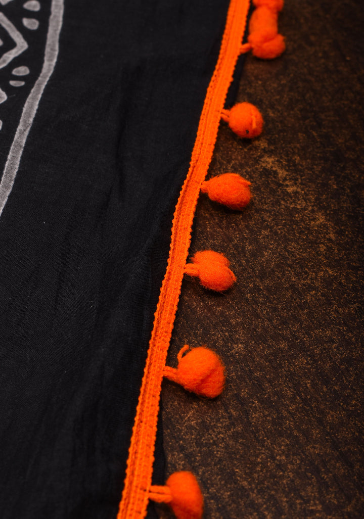 Sanganeri Hand block Printed Mul Cotton Saree in Black with Orange