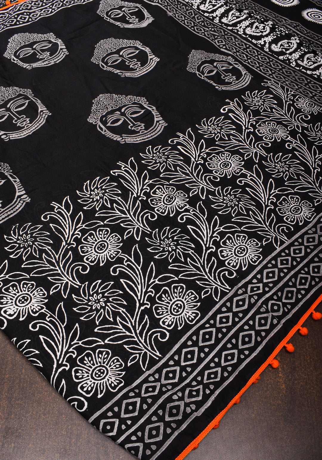 Sanganeri Hand block Printed Mul Cotton Saree in Black with Orange