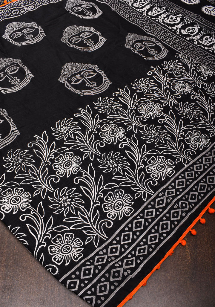 Sanganeri Hand block Printed Mul Cotton Saree in Black with Orange