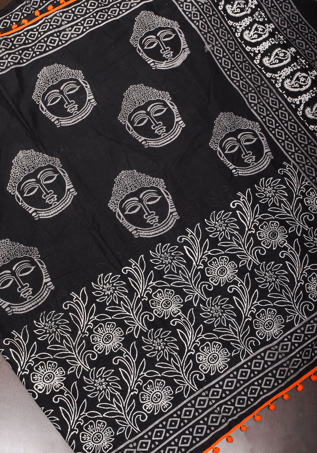 Sanganeri Hand block Printed Mul Cotton Saree in Black with Orange