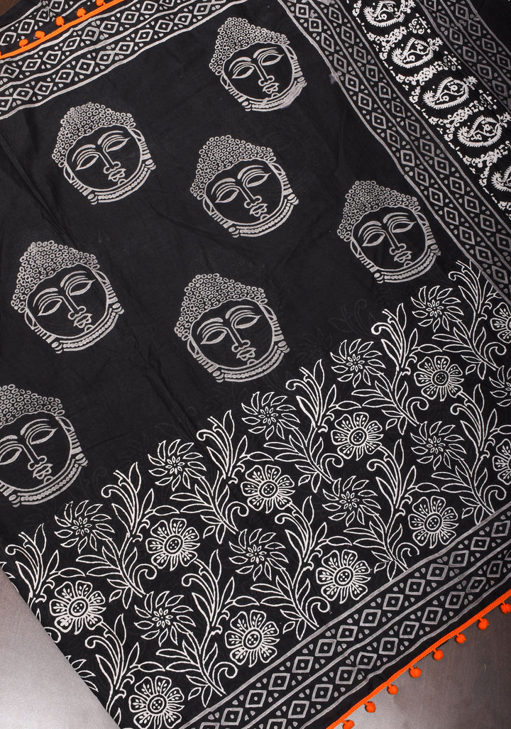 Sanganeri Hand block Printed Mul Cotton Saree in Black with Orange