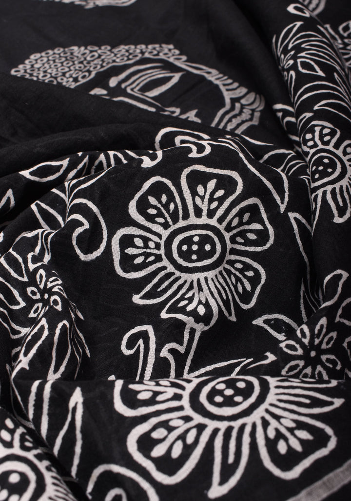 Sanganeri Hand block Printed Mul Cotton Saree in Black with Orange