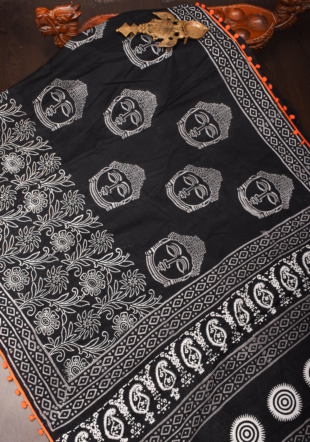 Sanganeri Hand block Printed Mul Cotton Saree in Black with Orange