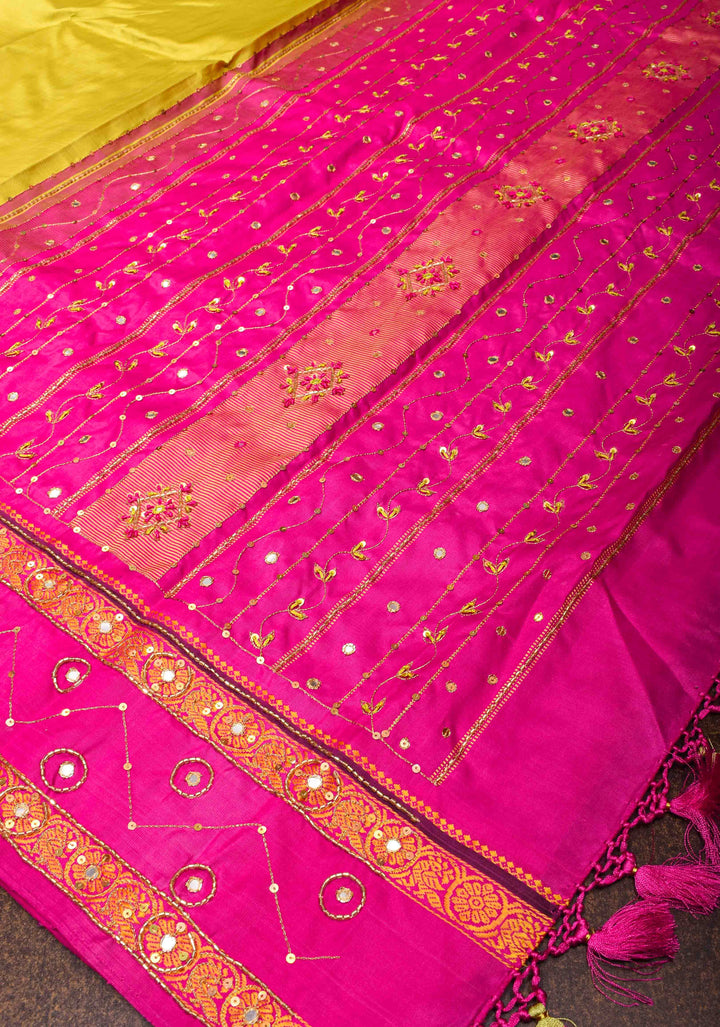 Moss Yellow Kanjivaram Silk Saree with Sequins and cutdana work and Hand Embroidery | SILK MARK CERTIFIED