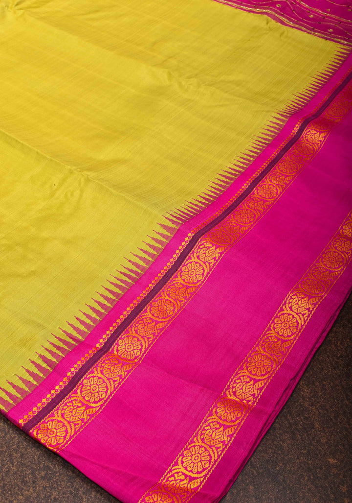 Moss Yellow Kanjivaram Silk Saree with Sequins and cutdana work and Hand Embroidery | SILK MARK CERTIFIED