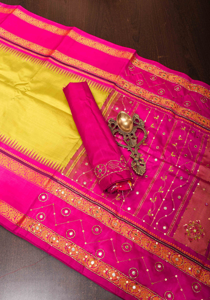 Moss Yellow Kanjivaram Silk Saree with Sequins and cutdana work and Hand Embroidery | SILK MARK CERTIFIED