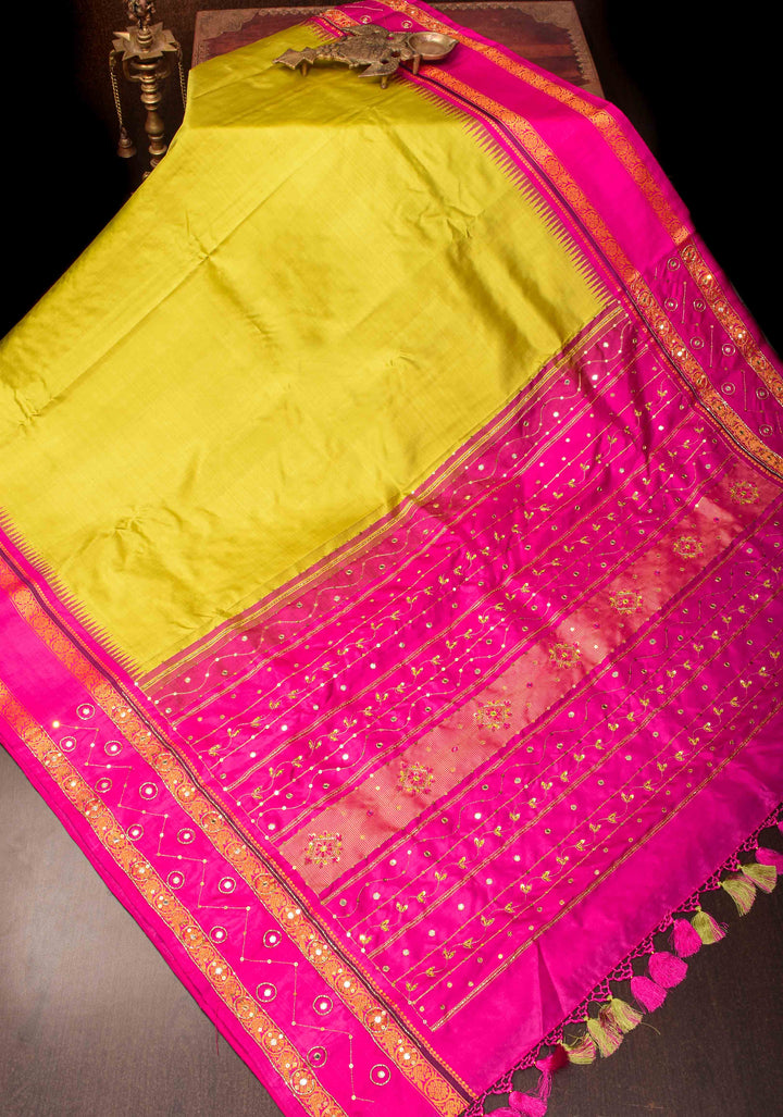 Moss Yellow Kanjivaram Silk Saree with Sequins and cutdana work and Hand Embroidery | SILK MARK CERTIFIED