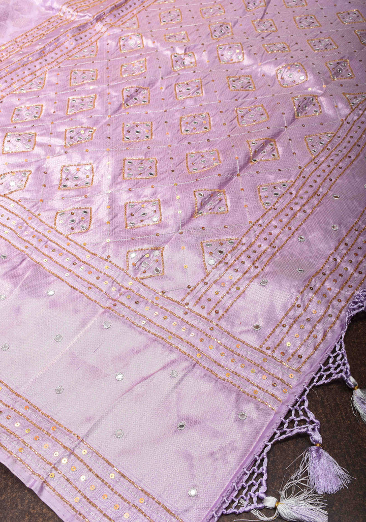 Lavender Brocade kanjivaram silk saree with Sequins Cutdana Mirror Handwork on Borders and pallu  | SILK MARK CERTIFIED
