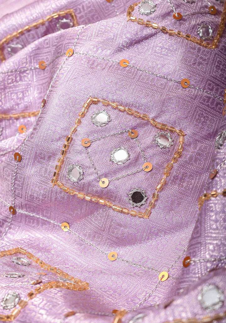 Lavender Brocade kanjivaram silk saree with Sequins Cutdana Mirror Handwork on Borders and pallu  | SILK MARK CERTIFIED