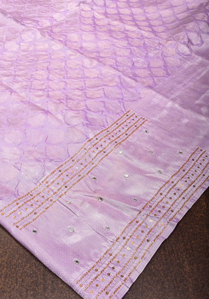 Lavender Brocade kanjivaram silk saree with Sequins Cutdana Mirror Handwork on Borders and pallu  | SILK MARK CERTIFIED