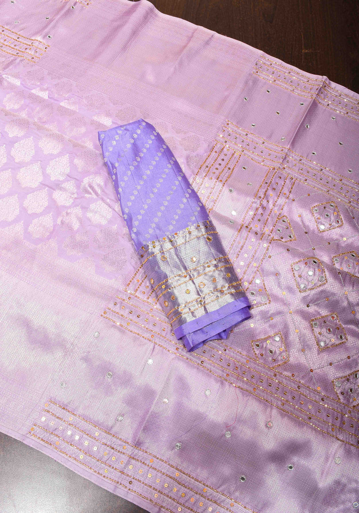Lavender Brocade kanjivaram silk saree with Sequins Cutdana Mirror Handwork on Borders and pallu  | SILK MARK CERTIFIED