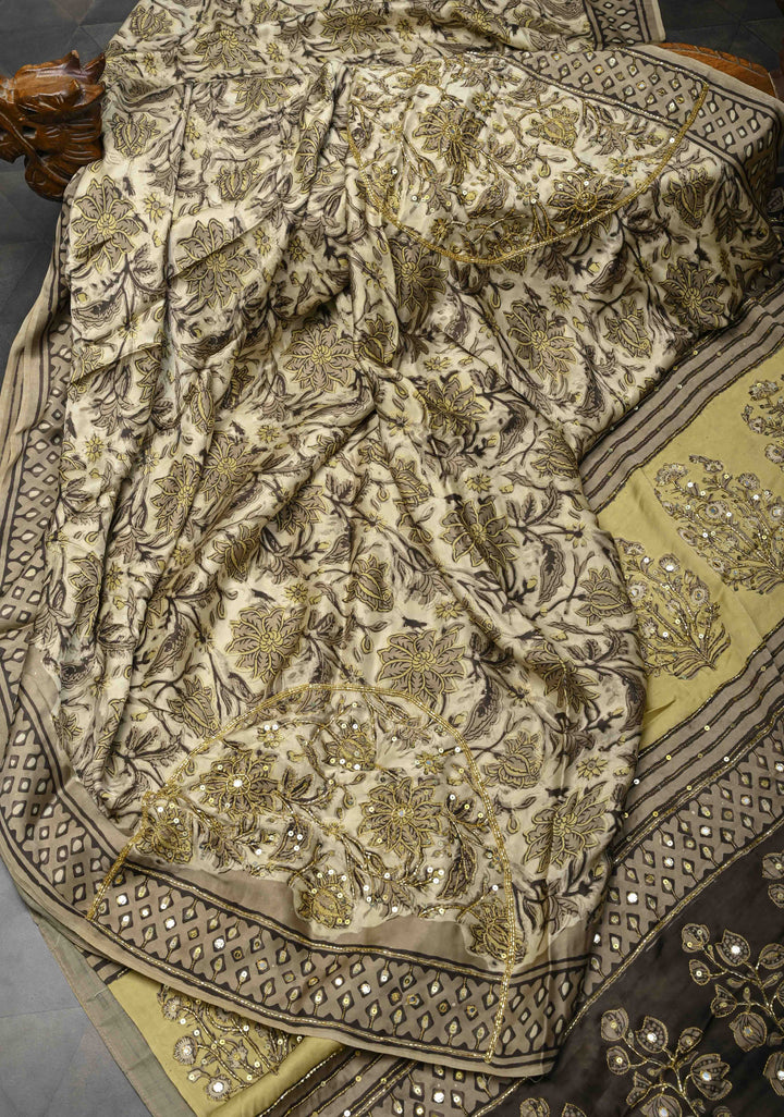 Beige Modal Silk Saree with Hand Block Print, Sequins, Cutdana and Mirror Hand embroidery