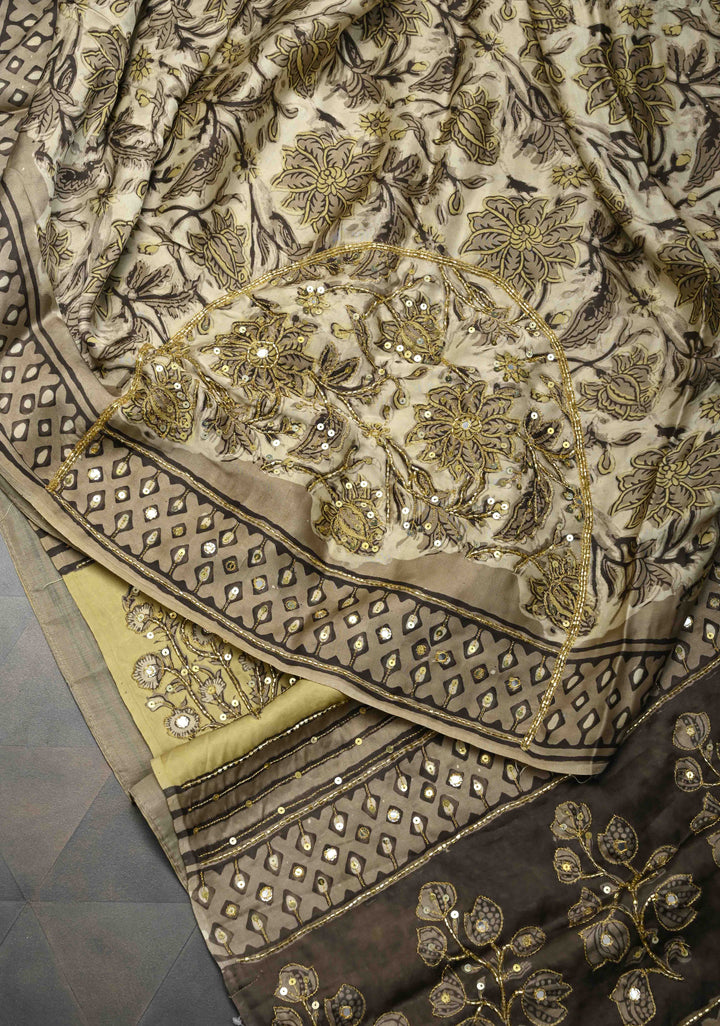 Beige Modal Silk Saree with Hand Block Print, Sequins, Cutdana and Mirror Hand embroidery