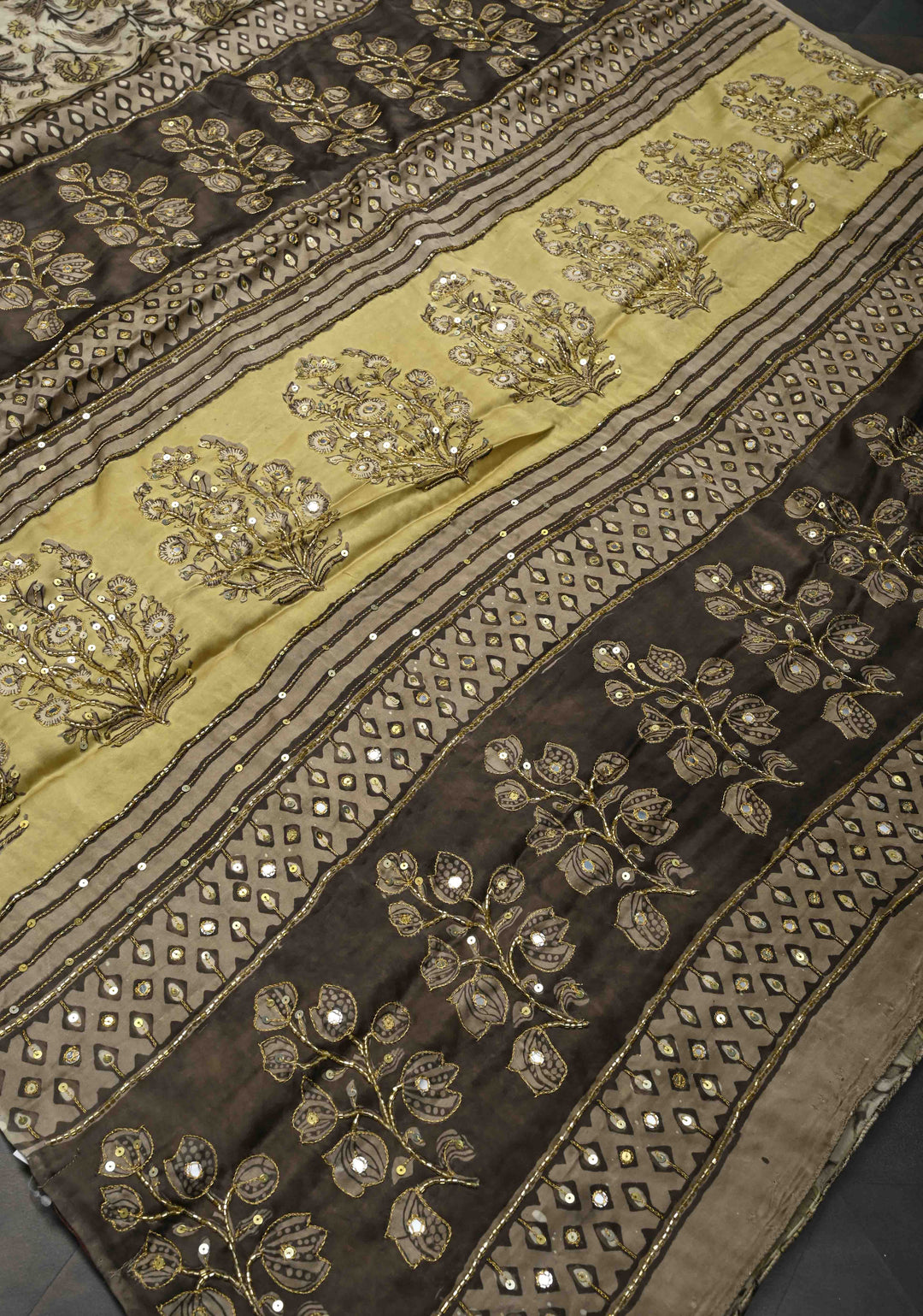 Beige Modal Silk Saree with Hand Block Print, Sequins, Cutdana and Mirror Hand embroidery