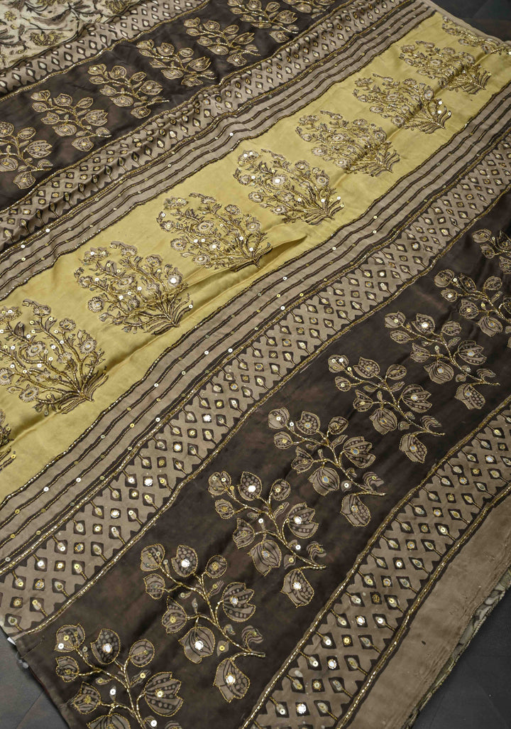 Beige Modal Silk Saree with Hand Block Print, Sequins, Cutdana and Mirror Hand embroidery